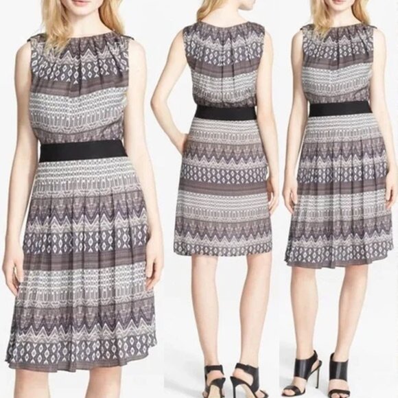 L'AGENCE Print Pleated Satin Fit & Flare Dress Size 6 Nordstrom $495 Aztec Silky - Picture 1 of 16